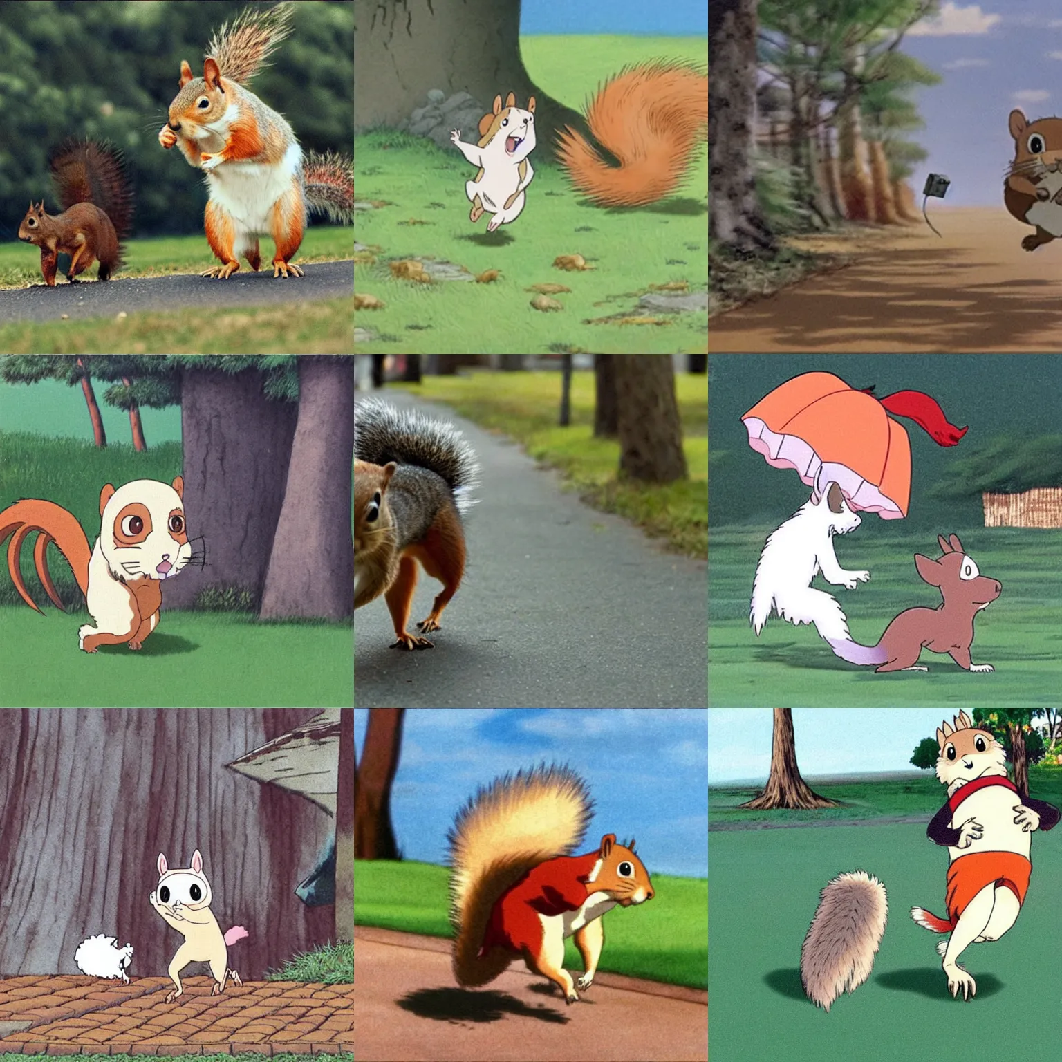 Prompt: a scared squirrel running in front of a dog, Hayao Miyazaki