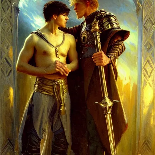 Image similar to attractive arthur pendragon with attractive male merlin the mage. they are in love. highly detailed painting by gaston bussiere, craig mullins, j. c. leyendecker