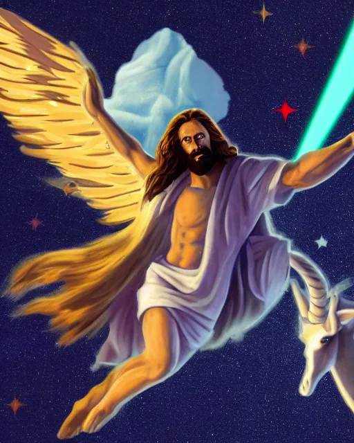 Image similar to Stylized Artistic Render of Jesus flying a unicorn through space while shooting lasers out of his eyes