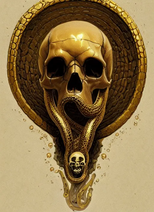 Image similar to A skull with a gold snake slithering around it, highly detailed, digital painting, artstation, concept art, sharp focus, illustration, art by greg rutkowski and alphonse mucha