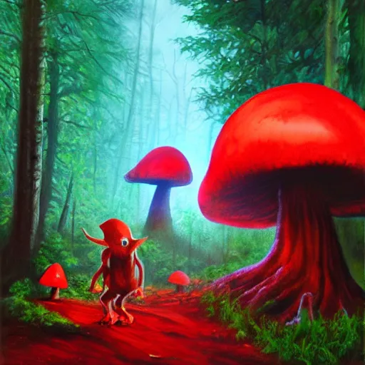 Image similar to glowing giant red mushrooms attacking a goblin in forest, oil painting, soft light, night time