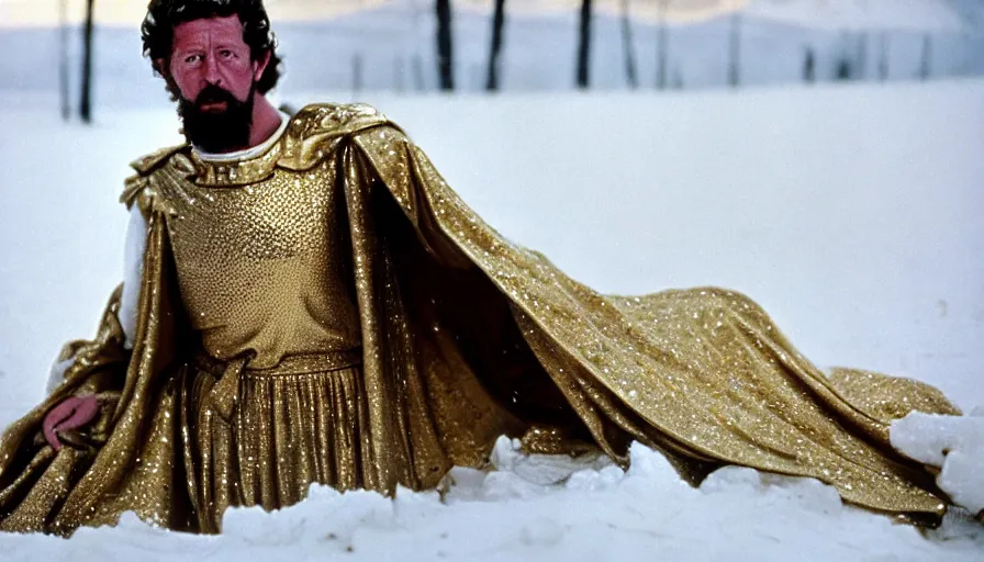 Image similar to 1 9 6 0 s movie still close up of marcus aurelius wearing a gold chestplate and a cape frozen to death under the snow by the side of a river with gravel, pine forests, cinestill 8 0 0 t 3 5 mm, high quality, heavy grain, high detail, texture, dramatic light, anamorphic, hyperrealistic, detailed hair, foggy