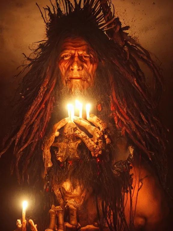 Image similar to fine painting of a death shaman from an ancient culture with mushrooms growing from his body, candlelight, 8 k, ultra realistic, lens flare, atmosphere, glow, detailed, intricate, full of colour, cinematic lighting, trending on artstation, 4 k, hyperrealistic, focused, extreme details, unreal engine 5, cinematic, masterpiece