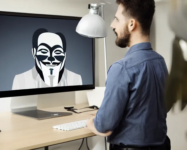 Image similar to man wearing guy fawkes mask looking at computer monitor, corporate photo, cinematic lighting