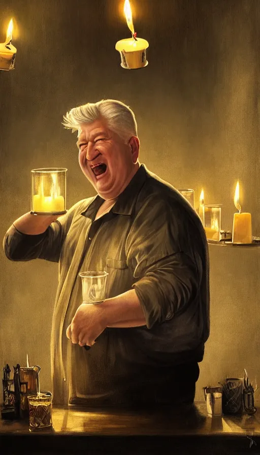 Image similar to david lynch as fat drunk tavern owner, laughing, candles, fame of thrones, warhammer, fibonacci, sweat drops, intricate fashion clothing, insane, intricate, highly detailed, surrealistic, digital painting, artstation, concept art, smooth, sharp focus, illustration, unreal engine 5, 8 k, art by artgerm and greg rutkowski and alphonse mucha