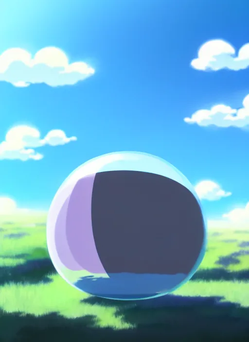 Prompt: an asymmetrical cell - shaded studio ghibli concept art study of a grey cube inside a bubble in the sky. wide shot, very dull colors, hd, 4 k, hq
