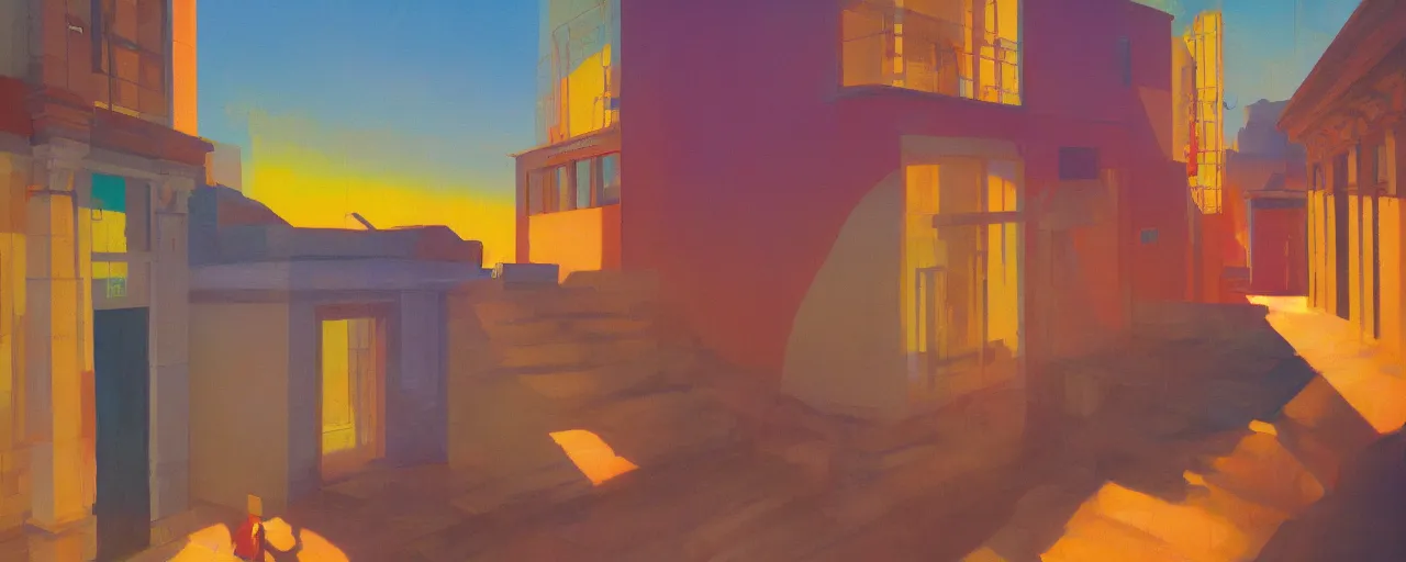 Image similar to A simplistic oilpainting of neo brutralism, a long stairway up, concept art, colorful, vivid colors, sunrise, warm colors, light, strong shadows, reflections, cinematic, 3D, in the style of Akihiko Yoshida and Edward Hopper