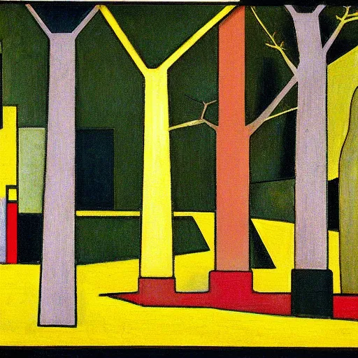 Prompt: frank lloyd wright, a busy painting of trees with a yellow background, an art deco painting by mondrian, featured on pixiv, synthetism, fauvism, creative commons attribution, academic art