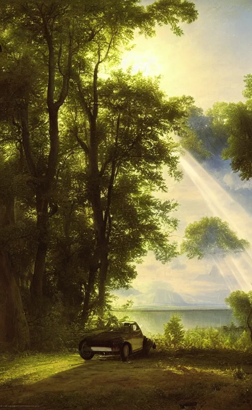 Image similar to artwork painting of a lush environment, volumetric light rays, a car parked by the lake with the trunk open by eugene von guerard, ivan shishkin