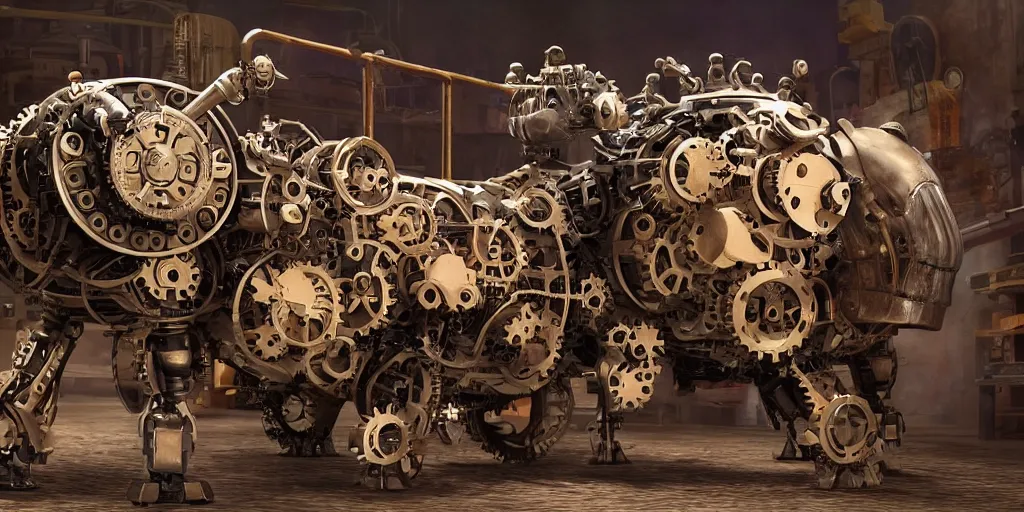 Image similar to a photo of a giant mechanical pig with gears and pistons, steam and wires, robot pig the size of a small building, in the style of a blockbuster film
