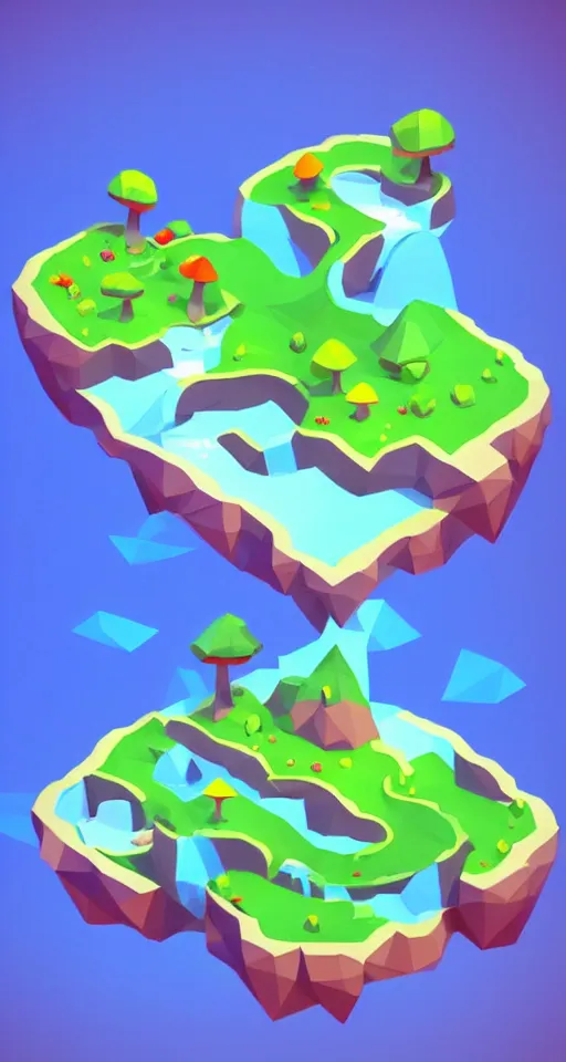 Image similar to a cute little matte low poly isometric mushroom island, waterfalls, lat lighting, soft shadows, trending on artstation, 3d render, monument valley, fez video game,