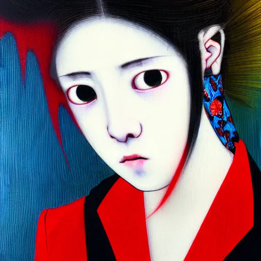 Image similar to yoshitaka amano blurred and dreamy realistic three quarter angle portrait of a sinister young woman with short hair, big earrings, barbed wire and red eyes wearing office suit with tie, junji ito abstract patterns in the background, satoshi kon anime, noisy film grain effect, highly detailed, renaissance oil painting, weird portrait angle, blurred lost edges