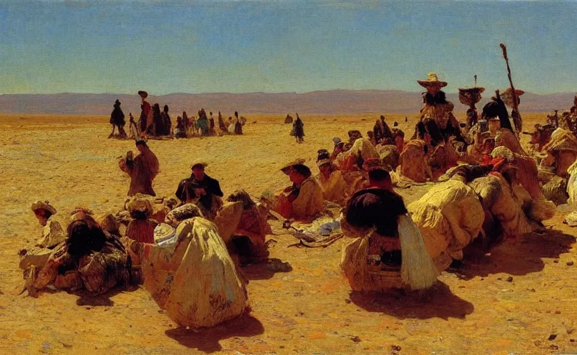 Image similar to high quality high detail painting by ilya repin, a long row of people in the desert, hd