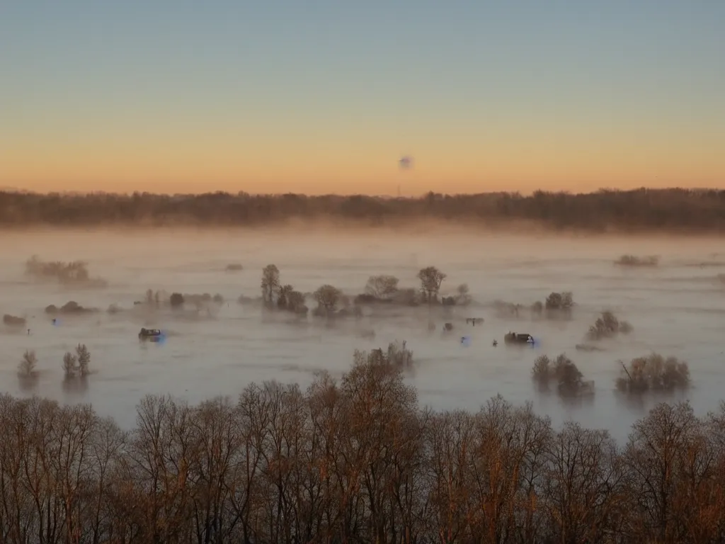 Image similar to I stand on a bridge at dawn on cold winter’s morning. There is frost on the ground and mist over the water. Two swans are swimming in the distance. I can just make out the roofs of some buildings in the far distance, but generally this area is rural. The first rays of sunlight are just emerging and are starting to cast a beautiful golden light across the fields. A goose flies low overhead. I raise my camera and hope to capture the beauty of this scene on my Sony A7R camera with a 17mm wide angled lens