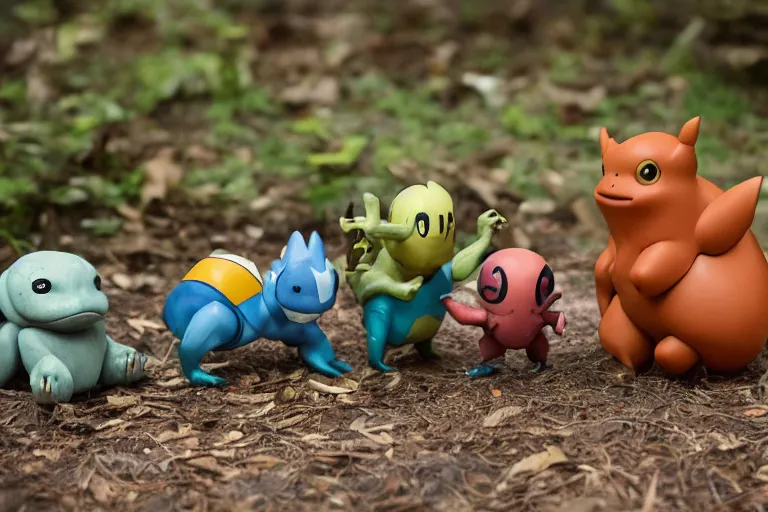 Image similar to autochrome photo of vintage disgusting brown Pokémon action figures, plastic Pokémon toys left outside for many years, backyard, kaiju, oni, realistic