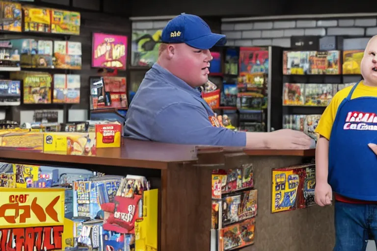 Image similar to bobby hill from king of the hill working behind the counter of a game stop, movie still, from the new clerks movie, 8 k, hd