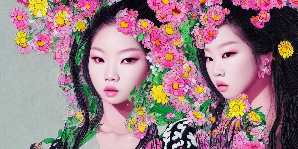 Image similar to a portrait of a very seductive Jennie Kim Blackpink, hair full of flowers, photoillustration, realistic, closeup, facing the camera, dramatic lighting, in the style of Takashi Murakami and Kim Deuk-sin and Okuda Genso