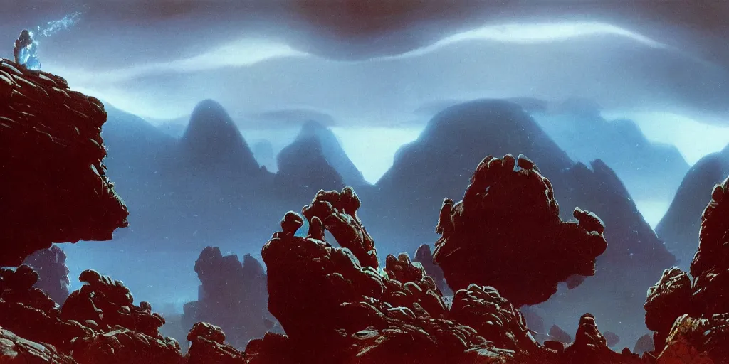 Prompt: ”rising from a round pool while being chased by tentacles, rugged alien planet with rocks, mountains in the background in a blue fog, side-view, [epic, cinematic, establishing shot, far, paul lehr, rutkowski]”