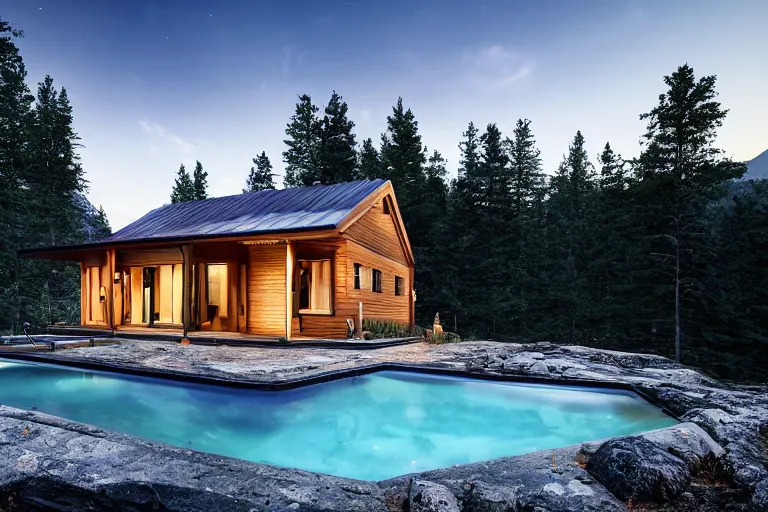 Image similar to modern cabin with pool, mountain background, forest, clear sky, night, cinematic lighting, photorealistic, high resolution, high detailed