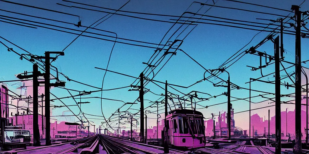 Prompt: post apocalyptic wasteland overhead wires telephone poles neon futuristic cyberpunk vaporwave glow sunset clouds sky streetcar tram subway tunnel illustration by syd mead