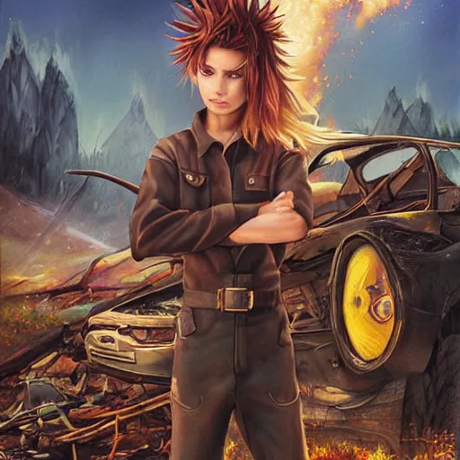 Prompt: a skinny elf with spiky blonde hair wearing dark brown overalls and holding dynamite standing next to a destroyed car, painting by artgerm