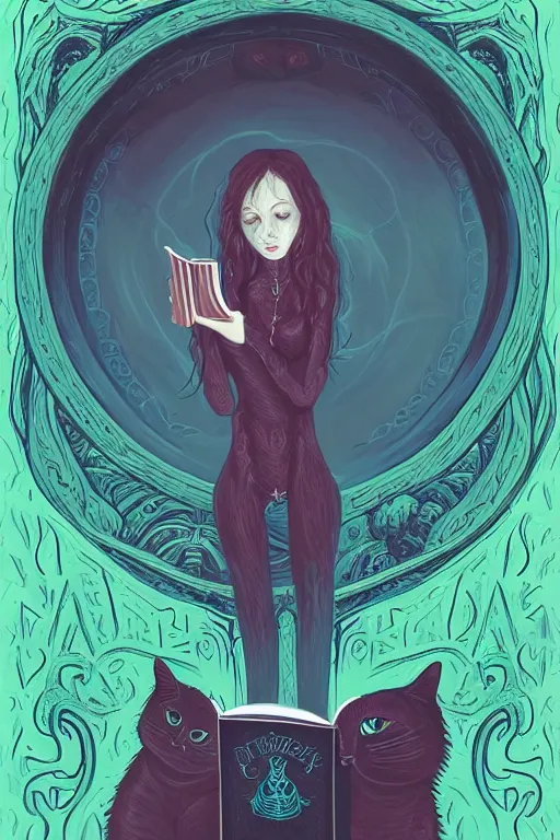 Image similar to ai illustration of romantic girl, her cat and her book of necronomicon, symmetrical, cinematic, sharp focus, 4 k, ultra hd, sense of awe, sinister demonic atmosphere, dreadful, forbidden knowledge, old gods, cthulhu, yog - sothoth! yah, yah, yah! cultist journal cover