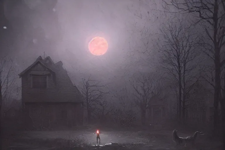 Prompt: suburban neighborhood, a strange doglike creature, huge with glowing red eyes lurking by a house, a moonlit night, greg rutkowski zdzisław beksinski, detailed matte painting, cinematic, photorealistic, masterpiece