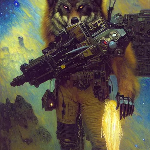 Image similar to portrait of a wolf in uniform as space lawyer. shadowrun furaffiniy cyberpunk fantasy highly detailed painting by gaston bussiere craig mullins jc leyendecker gustav klimt artgerm greg rutkowski john berkey, bergey, craig mullins, ruan jia, raymond swanland, jeremy mann, tom lovell, alex malveda