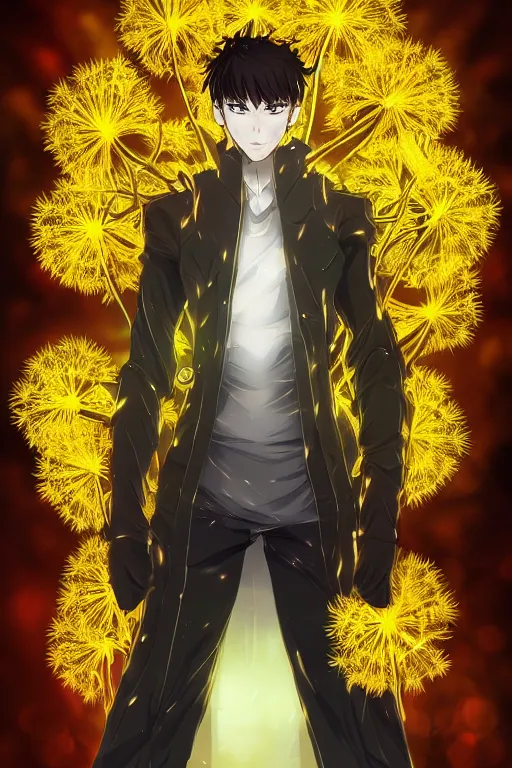 Image similar to amber glowing luminescent dandelion male anime character, symmetrical, highly detailed, digital art, sharp focus, trending on art station, amber eyes, autumnal colours