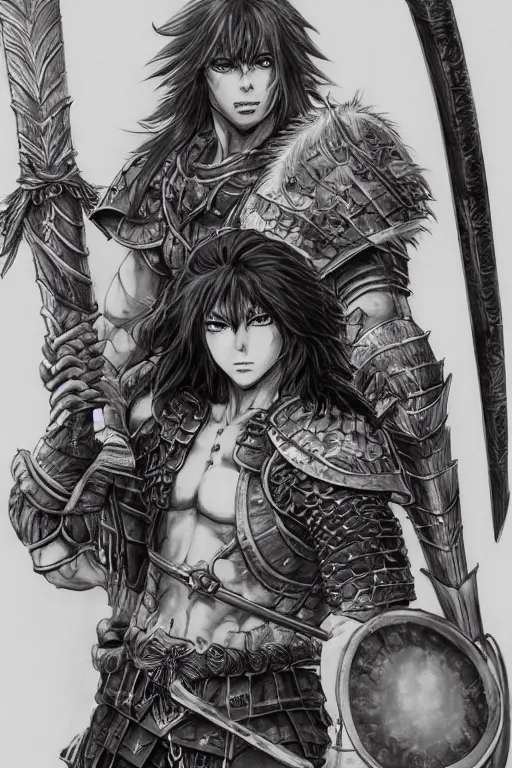 Image similar to A realistic anime portrait of a young handsome male barbarian with long wild hair, intricate fantasy spear, plated armor, D&D, dungeons and dragons, tabletop role playing game, rpg, jrpg, digital painting, by Yoshitaka Amano and Ayami Kojima and Akihiko Yoshida and Yusuke Murata and Kentaro Miura, concept art, highly detailed, promotional art, HD, digtial painting, trending on ArtStation, golden ratio, rule of thirds, SFW version