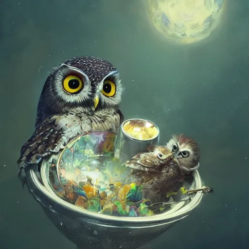 Image similar to long shot of a very cute owl chick nesting in a very futuristic cup, esao andrews, m. w. kaluta, john berkey, humorous illustration, hyperrealistic, big depth of field, warm colors, night scenery, low light, 3 d octane render, 4 k, conceptart, hyperdetailed, hyperrealistic, trending on artstation