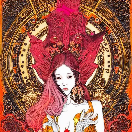 Image similar to jisoo + blackpink + elements + red + gold + neon + baroque + rococo + white + orange + ink + tarot card, ornate + by marc simonetti, paul pope, peter mohrbacher, detailed, intricate ink illustration + damask + award winning + 8 k