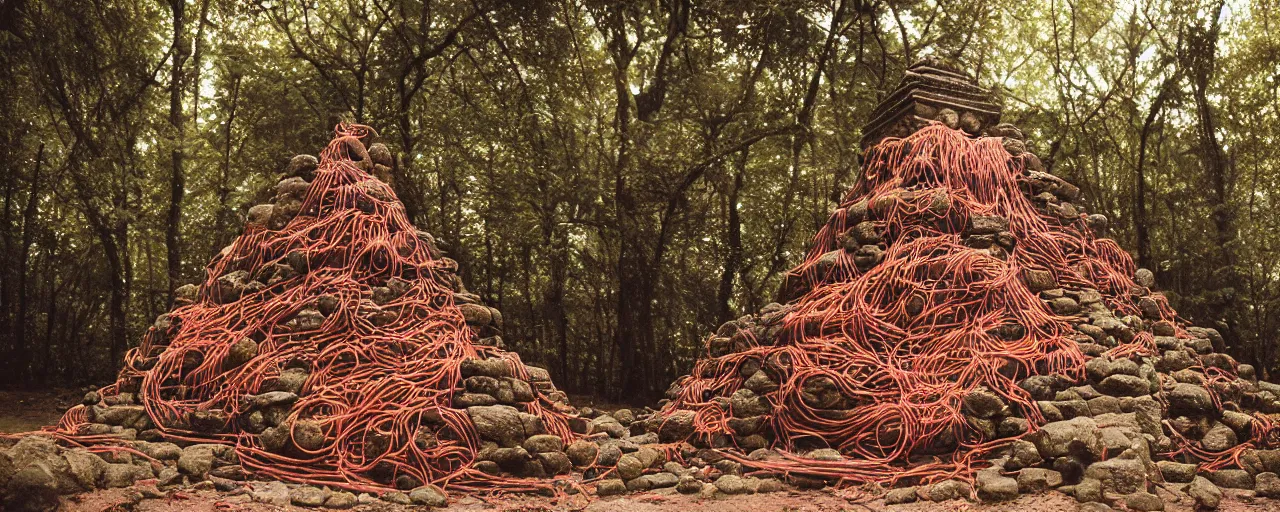 Image similar to an ancient aztec temple in the middle of the forest covered in spaghetti and meatballs, with parmesan cheese, canon 5 0 mm, cinematic lighting, photography, retro, film, kodachrome