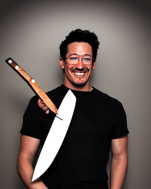 Prompt: markiplier holding a knife smiling in a dark hallway in a never ending warehouse | | epic - fine - clean, polished, trending on artstation, brush strokes