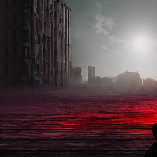 Prompt: a person watching the end of the world, red-purple gradient map, dystopian city, debris, dramatic photograph