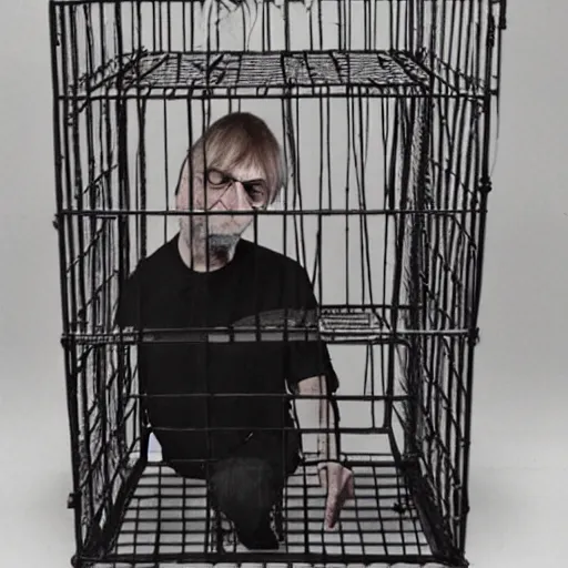 Prompt: mark e smith in a small cage at the pet store, the cage has for sale tag, 4 k