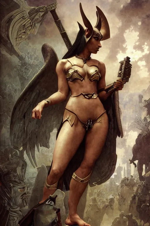 Image similar to Mystical Valkyrie, full portrait of a beautiful female Anubis Warrior, Regal, Realistic, Refined, Detailed Digital Art, Oil Painting, William-Adolphe Bouguereau, Art Frahm, Steampunk, Walt Disney (1937), frank frazetta, dynamic lighting, daily deviation, very very very very very beautiful, character illustration by Josephine wall, Highly Detailed, Cinematic Lighting, Unreal Engine, 8k, HD