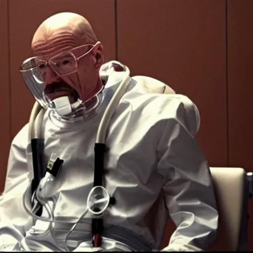 Image similar to walter white wearing a clear oxygen mask with tube running to small oxygen containt next to him. walter sits in a wheelchair in a courtroom.