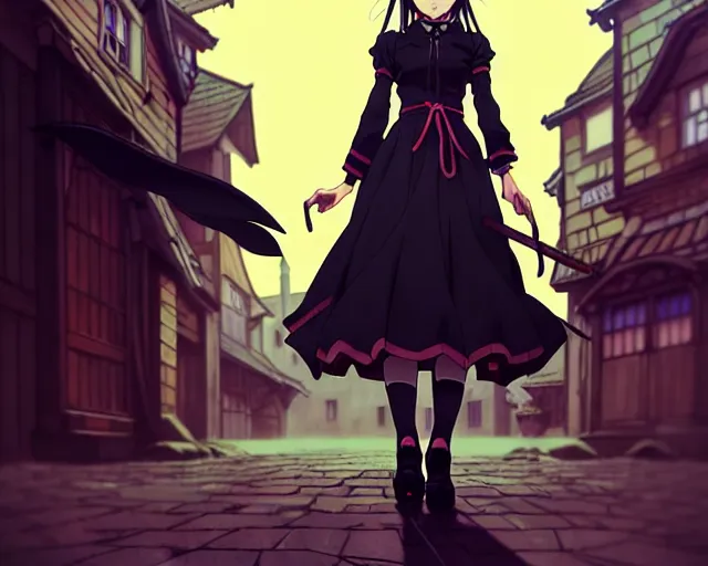 Prompt: ilya kuvshinov, moody, key anime visual portrait of a young female witch walking through a busy medieval village, dynamic pose, dynamic perspective, cinematic, dramatic lighting, muted colors, detailed silhouette, textured, anime proportions, alphonse mucha, perfect anime face,, yoh yoshinari, takashi murakami