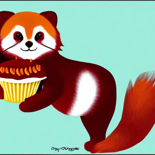Prompt: an adorable red panda hugging a cupcake, digital art,