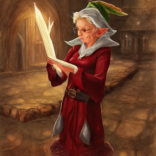 Prompt: A beautiful old female elf holding a scroll, preparing a spell, digital painting, detailed, realism, art station, intricate