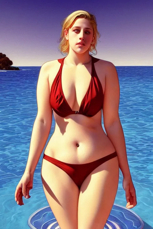 Image similar to obese lili reinhart in swimsuit, realistic, symmetrical, highly detailed, digital painting, artstation, concept art, smooth, sharp focus, illustration, cinematic lighting, art by artgerm and greg rutkowski and alphonse mucha