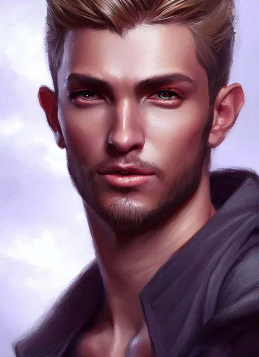 Image similar to a _ fantasy _ style _ portrait _ painting _ of male, medium dark blonde hair side part and blonde stubble, rpg dnd oil _ painting _ unreal _ 5 _ daz. _ rpg _ portrait _ extremely _ detailed _ artgerm _ greg _ rutkowski _ greg