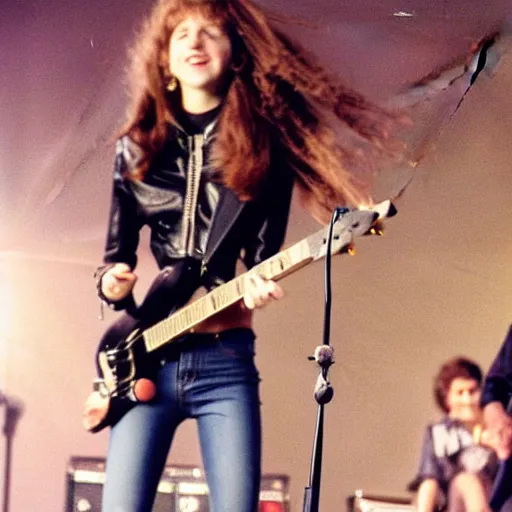 Image similar to 19-year-old girl wearing black leather jacket and denim jeans, shaggy wavy red hair, holding electric guitar, 1973 concert photo