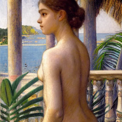 Image similar to a ultradetailed beautiful painting of a girl in the amazonas palace balustrade designed by jules bastien - lepage, tarsila do amaral, frank weston and gustave baumann, beach, trending on artstation, mediterranean, palm trees, detailed face, sharp focus, soft light, 8 k 4 k