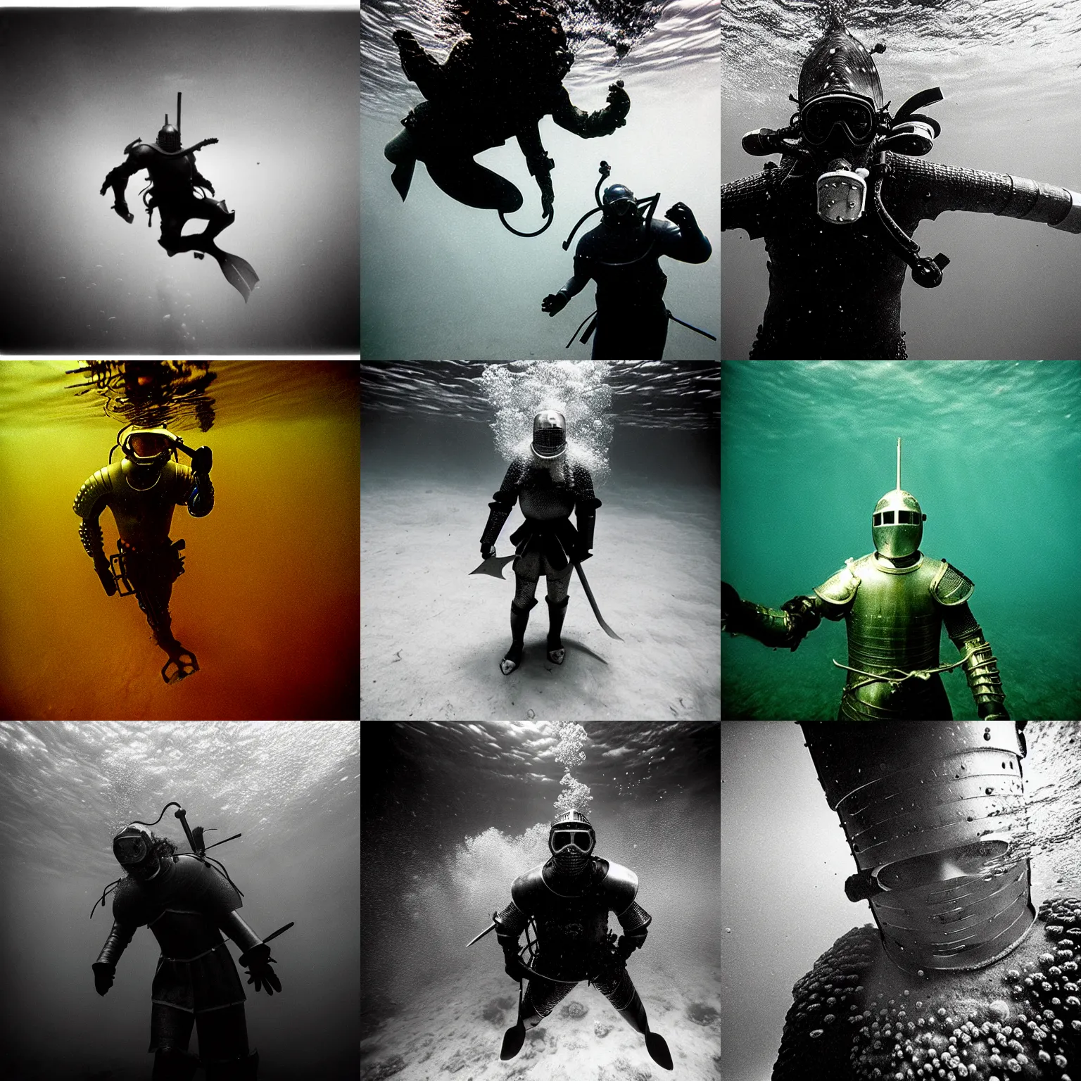 Image similar to Underwater photo of a medieval knight by Trent Parke, close up, clean, detailed, Magnum photos