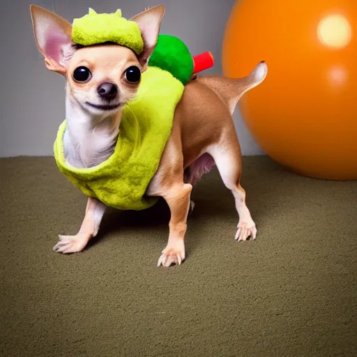 Image similar to photo of mini light brown chihuahua in a bowser costume. Post processing , award winning , masterpiece , photo realistic
