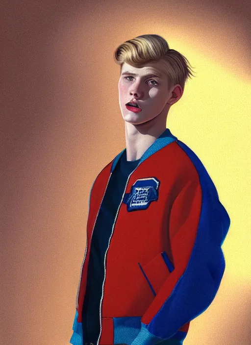 Image similar to portrait of a high school senior boy named moose mason, blonde short hair, jock, beefy, square jaw, square facial structure, 1 9 5 0 s, blue varsity jacket, intricate, elegant, glowing lights, highly detailed, digital painting, artstation, concept art, smooth, sharp focus, illustration, art by wlop, mars ravelo and greg rutkowski