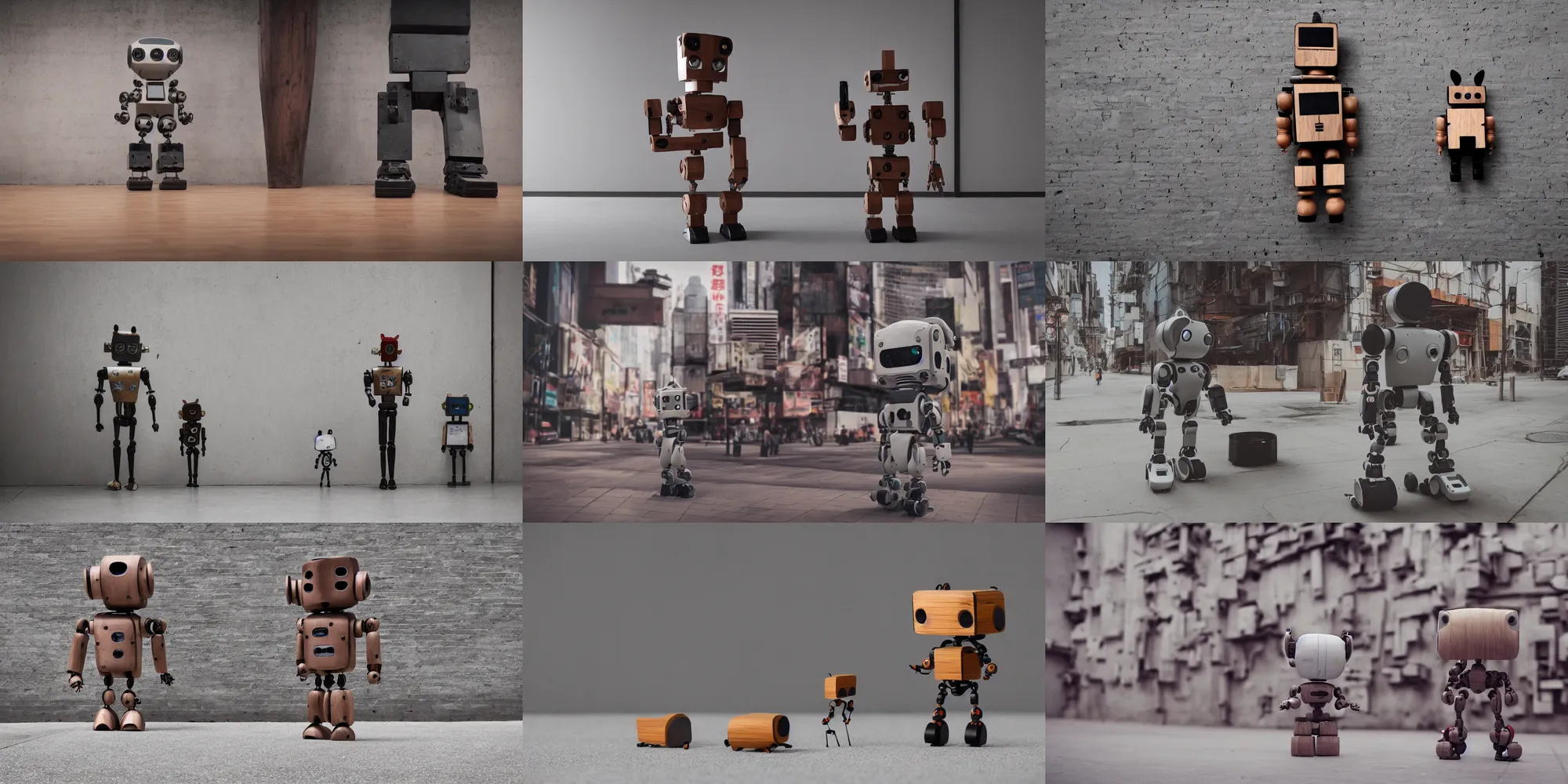 Prompt: 8k octan photo ,a wooden sculpture art toys on feet minimalist ,very cute robot zen with cat ears ,cyberpunk ,brutalism ,a contemporary art gallery