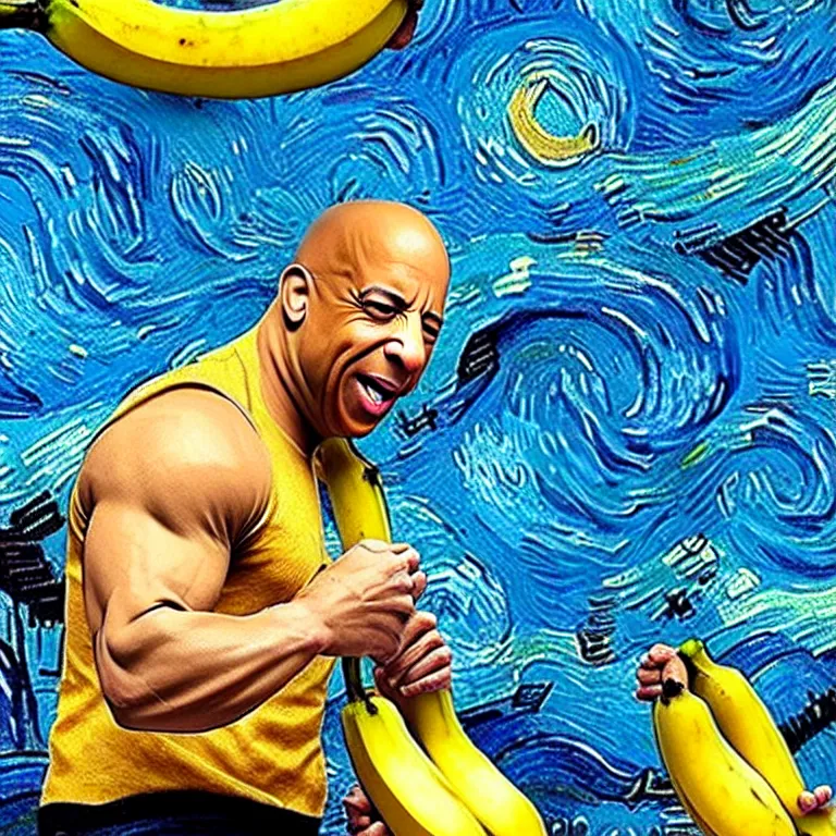 Prompt: vin diesel licking a banana in the style of van gogh